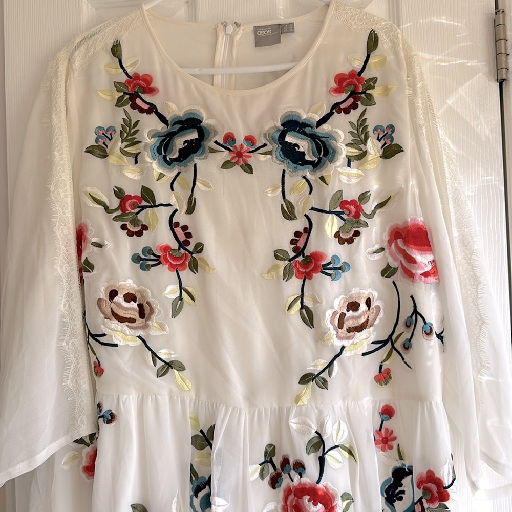 ASOS floral embroidered chiffon midi peasant dress